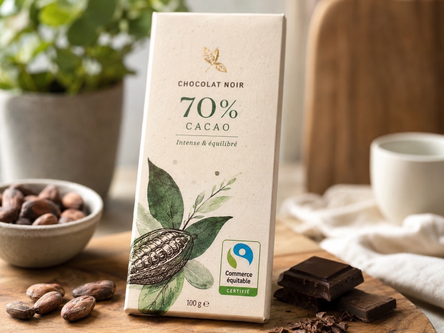 Tablette de chocolat avec logo de commerce équitable sur l'emballage