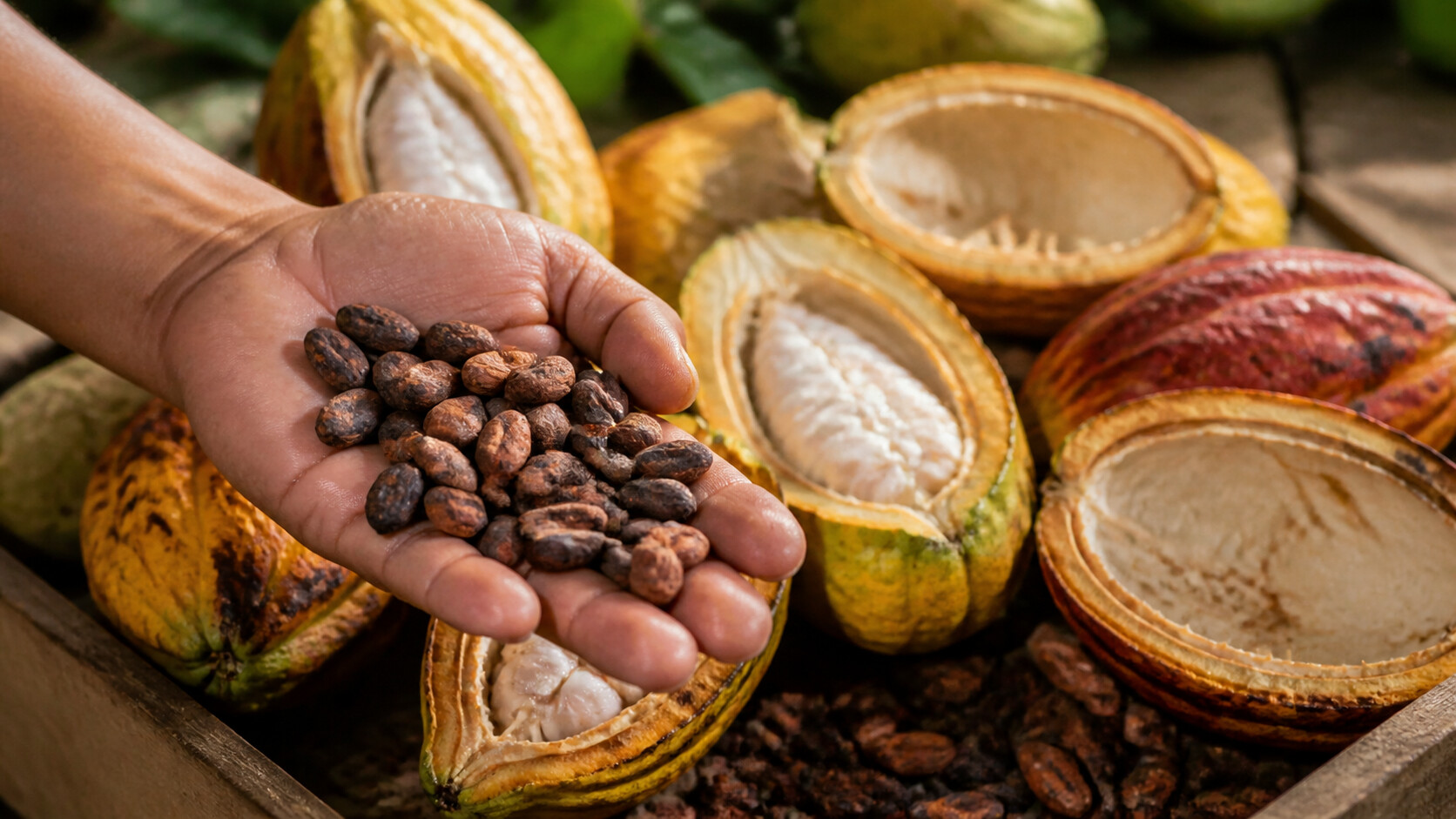 Fèves de cacao dans une main avec cabosses ouvertes