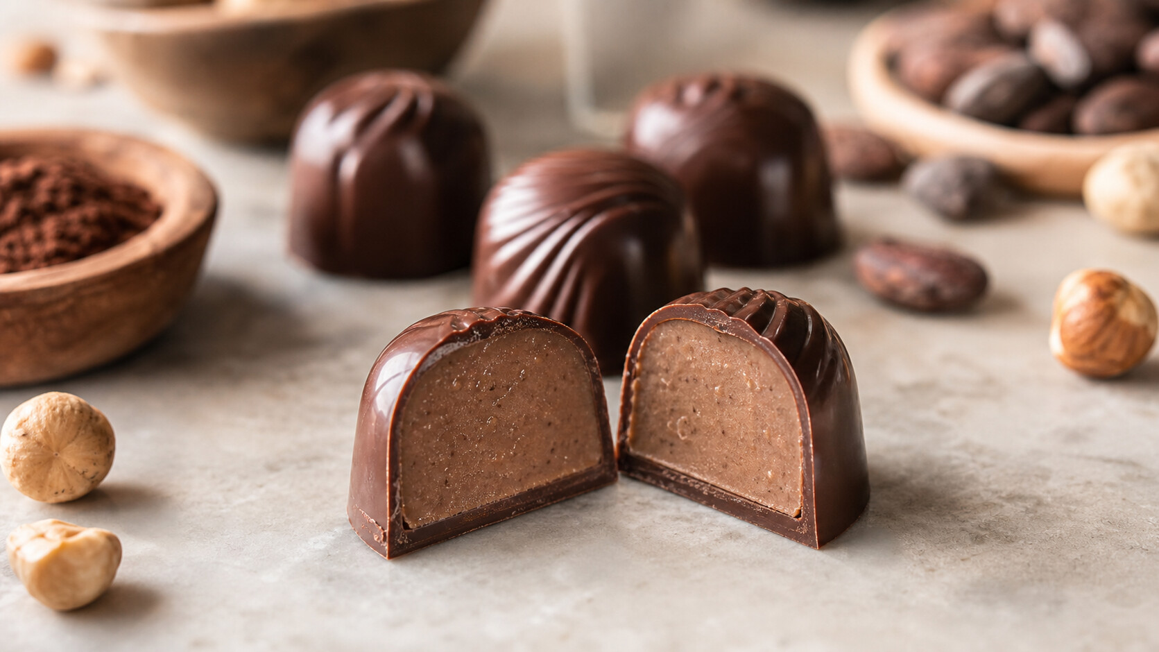 Chocolat garni coupé en deux avec ganache visible