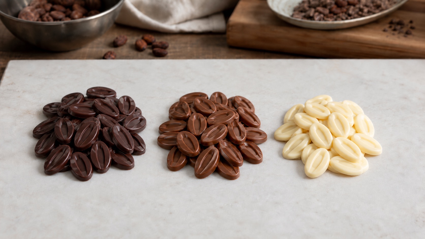 Trois carrés de chocolat noir, au lait et blanc alignés