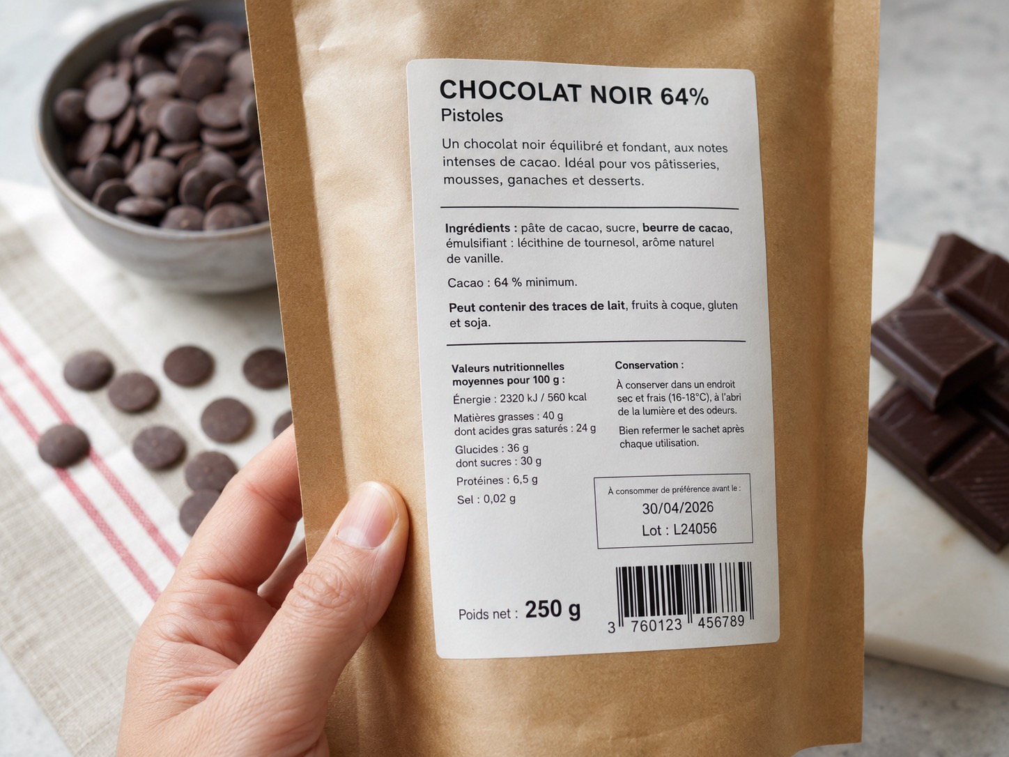 Liste d'ingrédients d'une tablette indiquant beurre de cacao