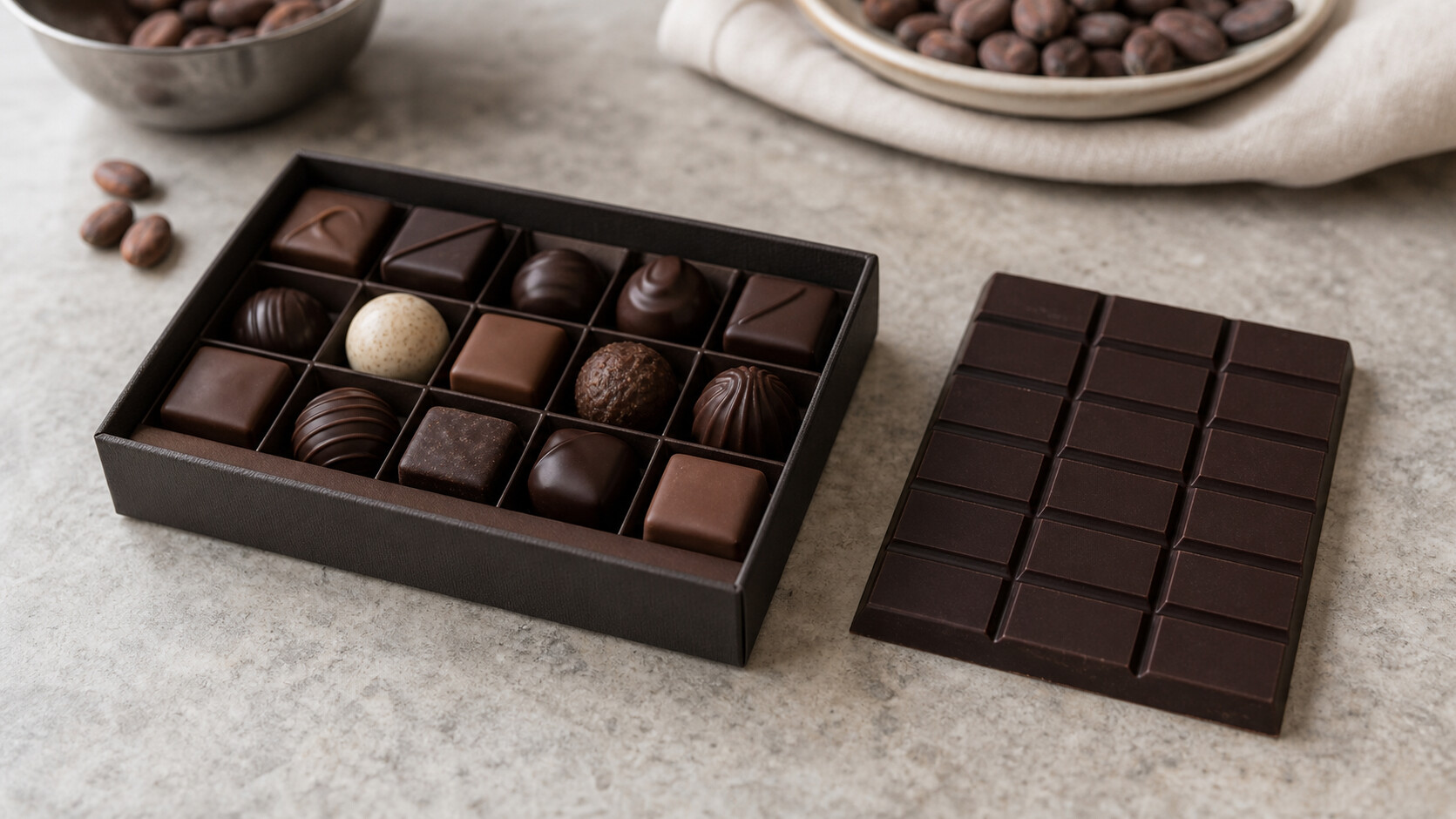 Ballotin de chocolats garnis posé à côté d'une tablette noire