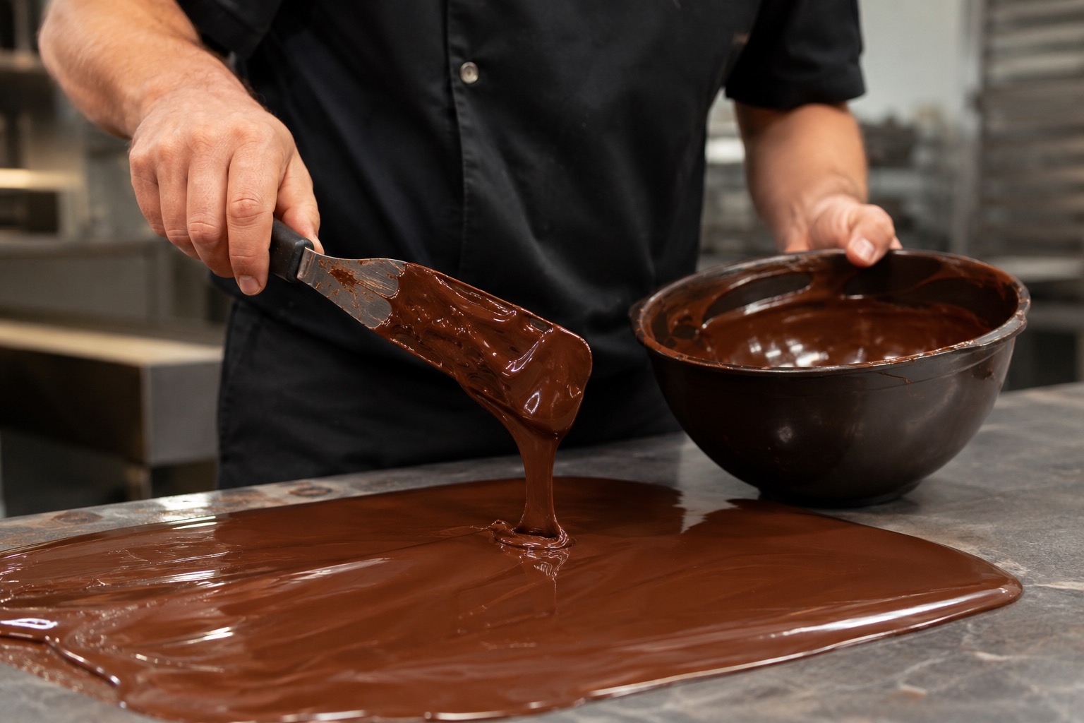 Chocolat fondu travaillé à la spatule sur une plaque de marbre